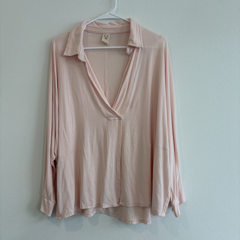 Free People Polo Top Cant Fool Me Pink Women M Split Hem Relaxed Dolman Boho - Picture 1 of 8